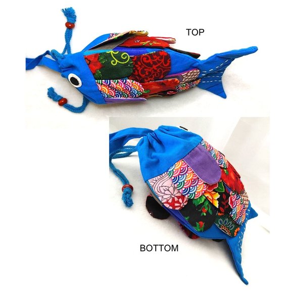 New Patchwork Kids Fish Blue Crossbody Bag Mini Tote Drawstring Red Purple Lined - Picture 5 of 11